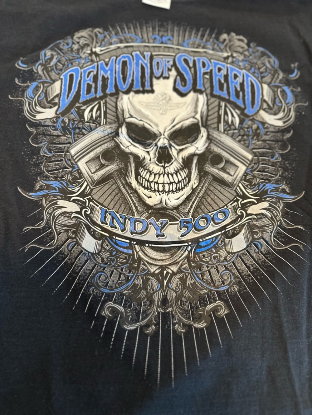 Jerzees Y2K Black Sz: M Demon of Speed Indy 500 Skull Flame Spellout Tee.